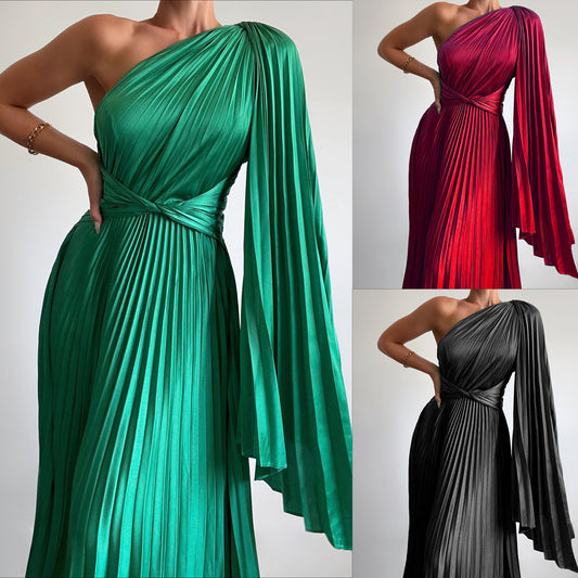 Off-the-Shoulder Pleated Casual Dress Loose Holiday Party Long Women's Dress