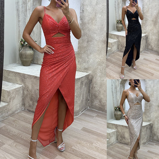 Shiny Sequin Strapless Dress with Slit and Zipper Closure