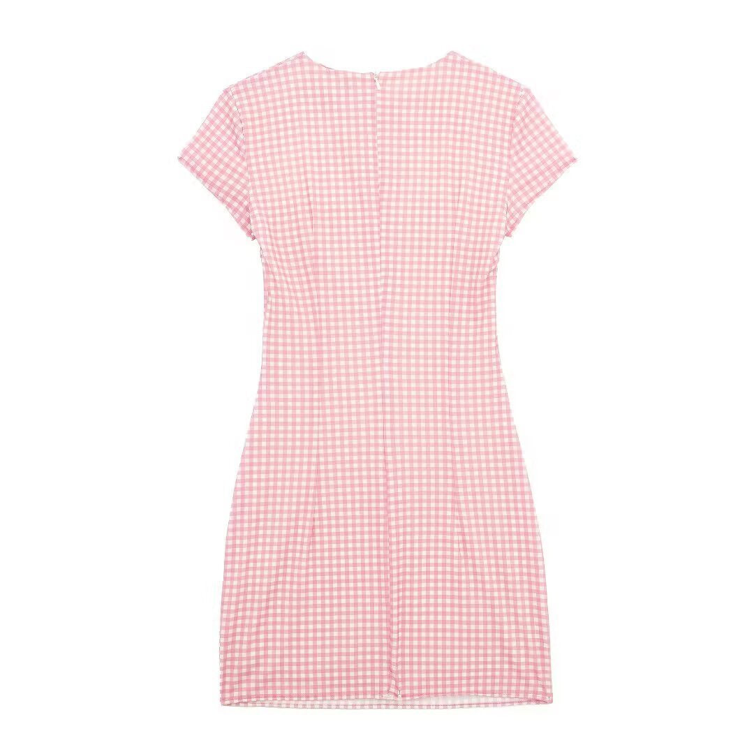 Round neck short sleeved pink short sleeved dress with short skirt for women