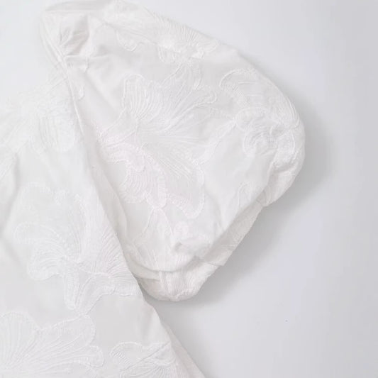 V-neck bubble sleeve waist cinched embroidered dress for women