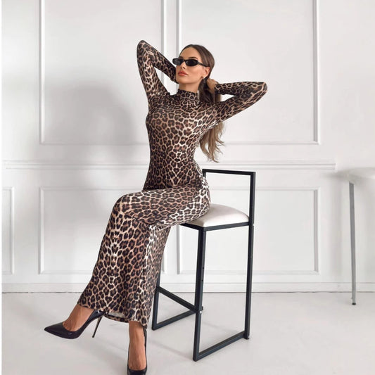 Style Autumn New Fashion Leopard Print Stand Collar Long Sleeve Long Dress Women