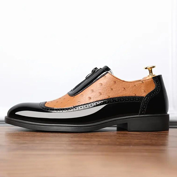 Embossed zipper pointed men shoes