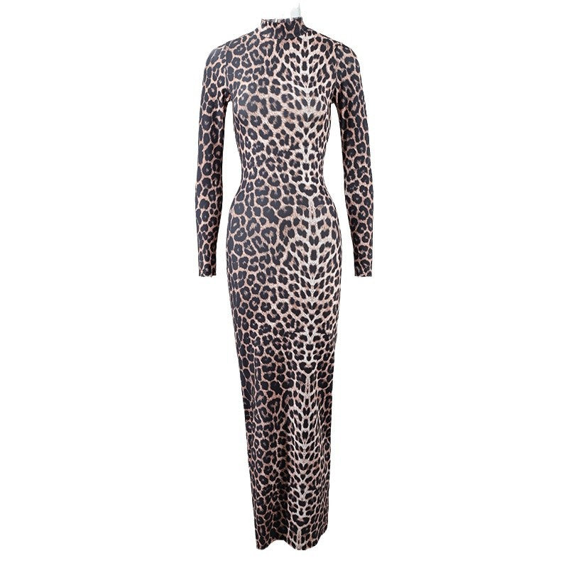 Style Autumn New Fashion Leopard Print Stand Collar Long Sleeve Long Dress Women