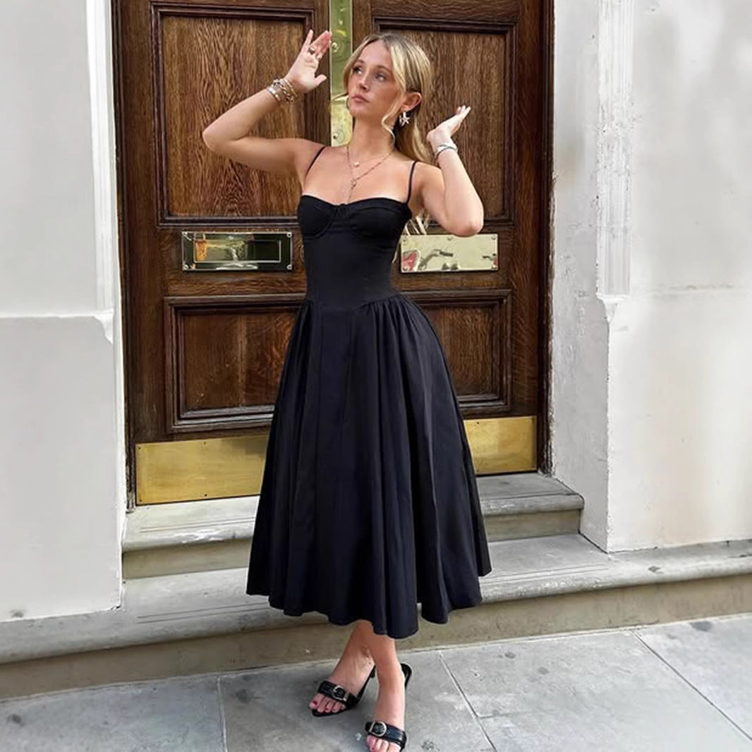 Low Neck Strapless Dress Elegant Waist Design High-End Flared A-Line Dress