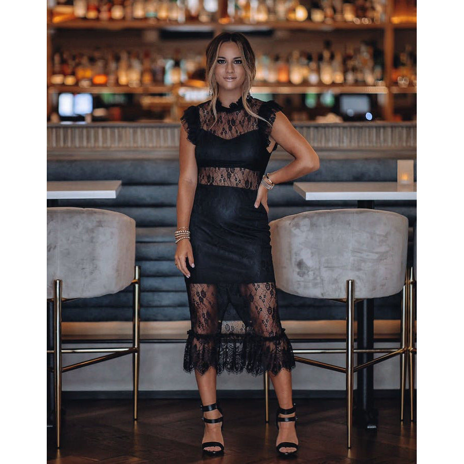 Sexy Transparent Lace Dress with Ruffle Sleeves Style Spring Fashion