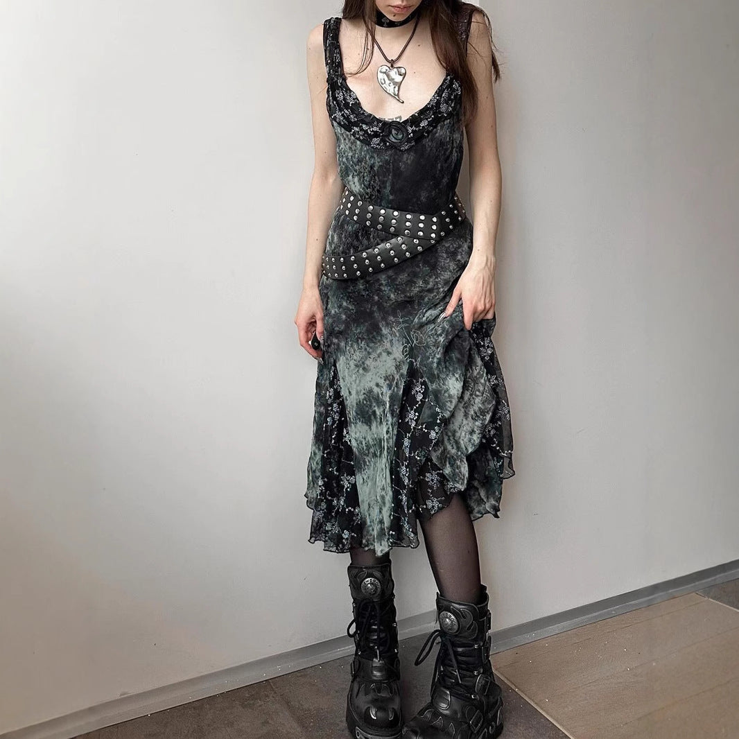 Gothic Vintage Tie-Dye Floral Ruffle Irregular Hem Dress with Sexy Lace Mesh Sleeveless Long Skirt