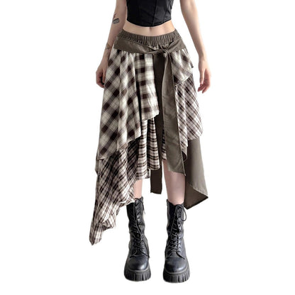 Color Block Plaid Irregular Hem Skirt High Street Spicy  Layered Elastic Waist Loose A-Line Casual Long Skirt
