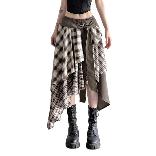 Color Block Plaid Irregular Hem Skirt High Street Spicy  Layered Elastic Waist Loose A-Line Casual Long Skirt