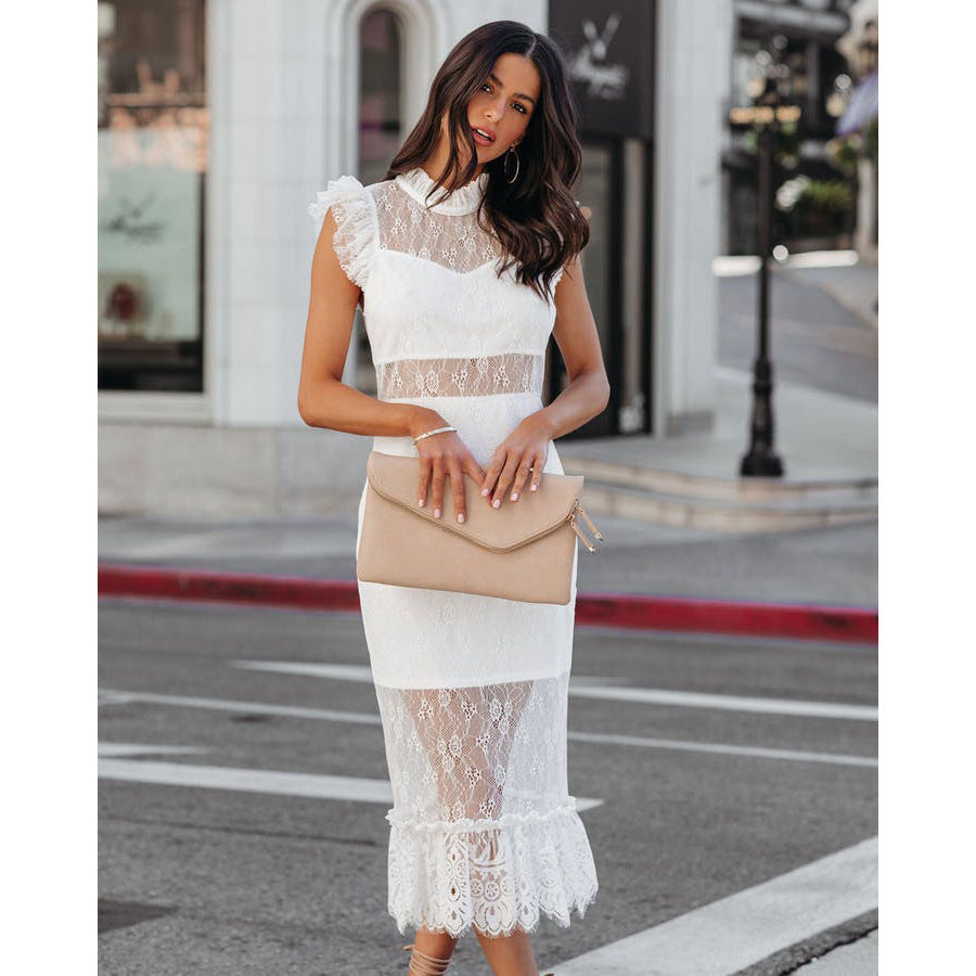 Sexy Transparent Lace Dress with Ruffle Sleeves Style Spring Fashion
