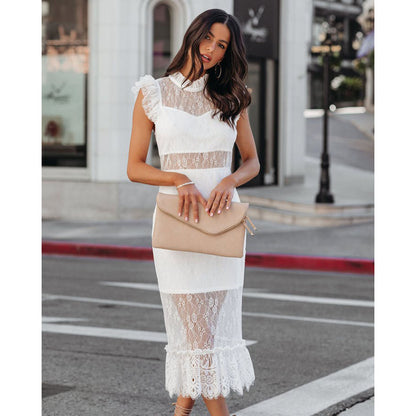 Sexy Transparent Lace Dress with Ruffle Sleeves Style Spring Fashion