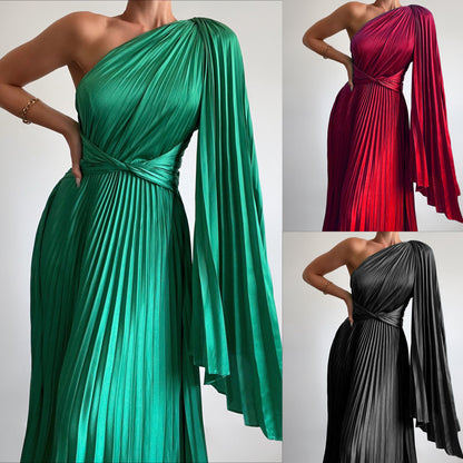 Off-the-Shoulder Pleated Casual Dress Loose Holiday Party Long Women's Dress
