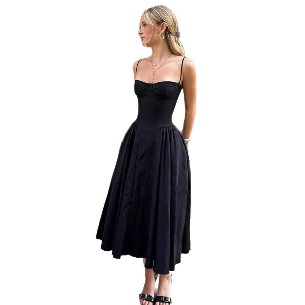 Low Neck Strapless Dress Elegant Waist Design High-End Flared A-Line Dress