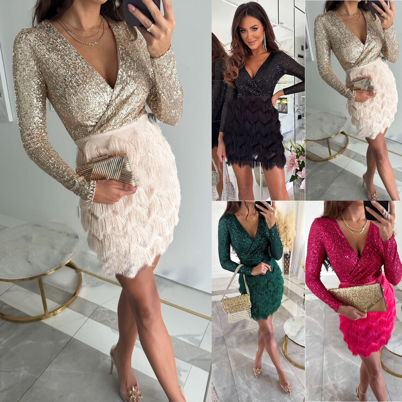 Gathering Sequin Multi-color Dress INS Casual Loose Women's Dress