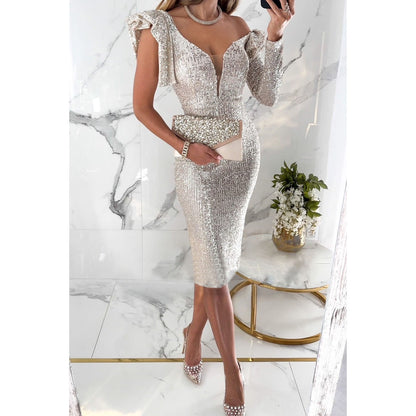 Gathering Casual Dress for Autumn and Winter INS Fashion Sequin Dress