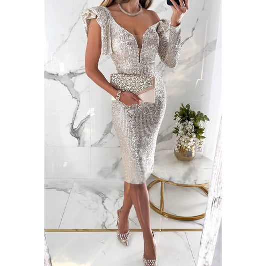 Gathering Casual Dress for Autumn and Winter INS Fashion Sequin Dress