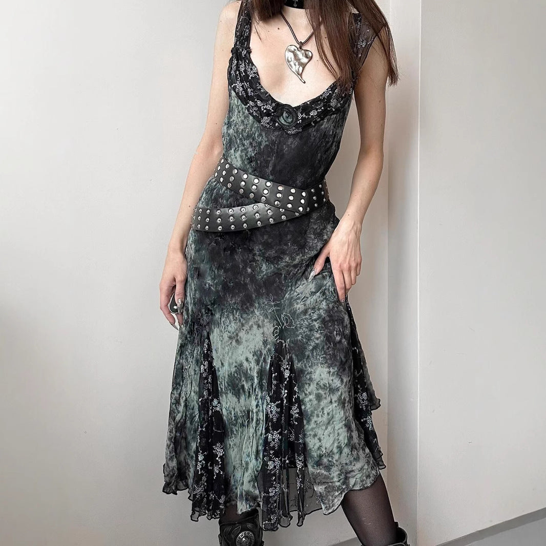 Gothic Vintage Tie-Dye Floral Ruffle Irregular Hem Dress with Sexy Lace Mesh Sleeveless Long Skirt