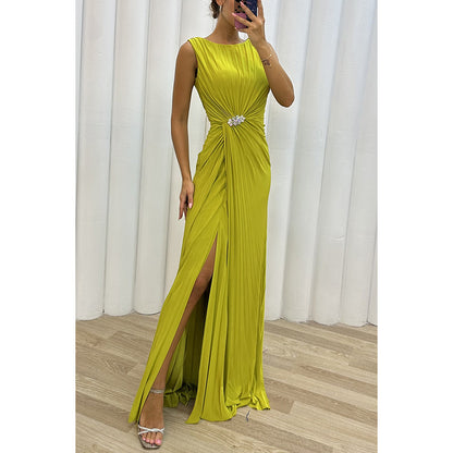 Pleated Slit Casual Dress INS Sleeveless Fashion Dress Evening Gown Women