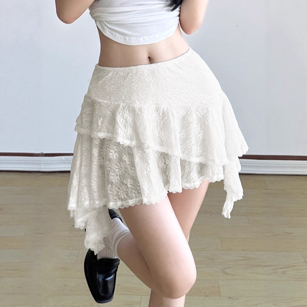 Sweet Ballet Style Irregular Hem Double Layer Lace Short Skirt Petite Fit Low Waist Versatile A-line Skirt