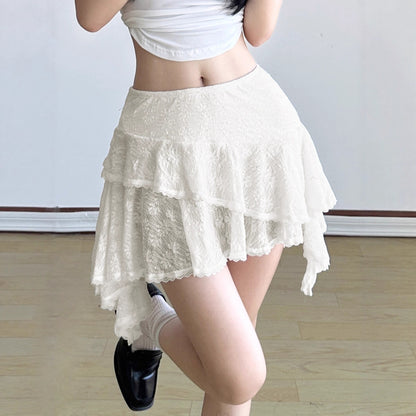 Sweet Ballet Style Irregular Hem Double Layer Lace Short Skirt Petite Fit Low Waist Versatile A-line Skirt