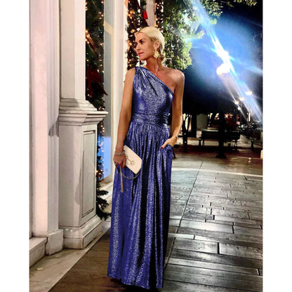 Gold-Stamped Off-the-Shoulder Pocket Flared Dress for Casual and Party Gatherings