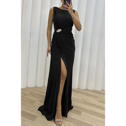 Pleated Slit Casual Dress INS Sleeveless Fashion Dress Evening Gown Women