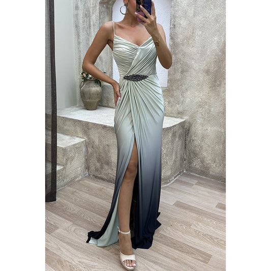 Elegant Party Strapless Slit Dress Loose Flare Dress