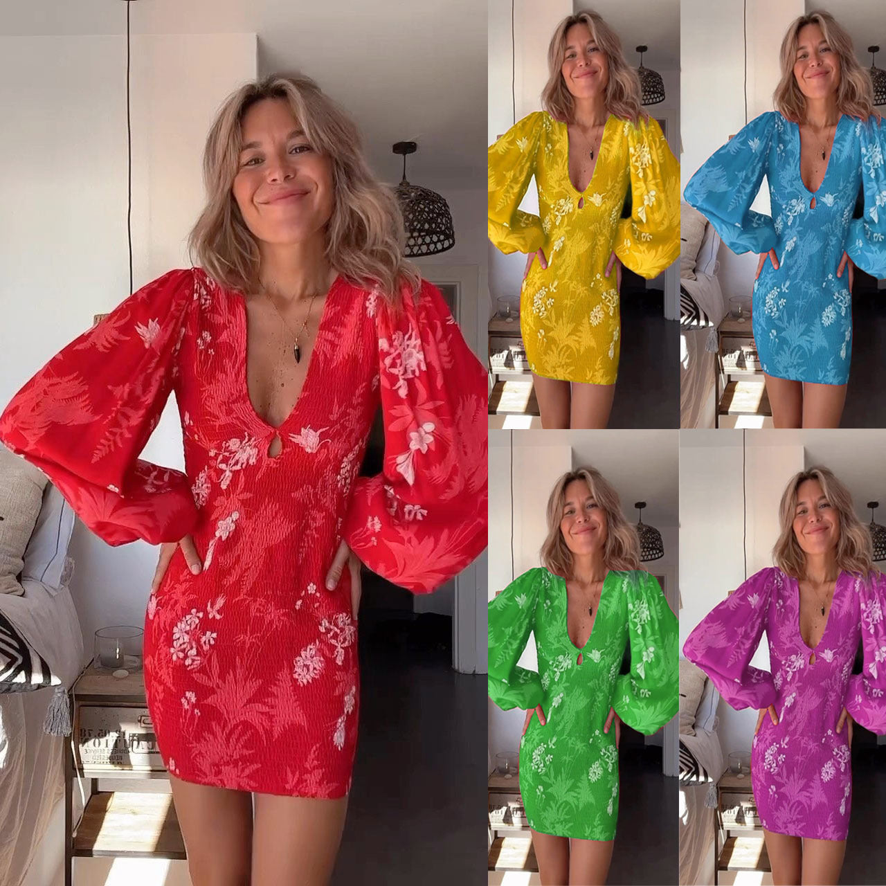 Pleated Long Sleeve Sexy V-Neck Dress Casual Loose Vacation Fitted Skirt