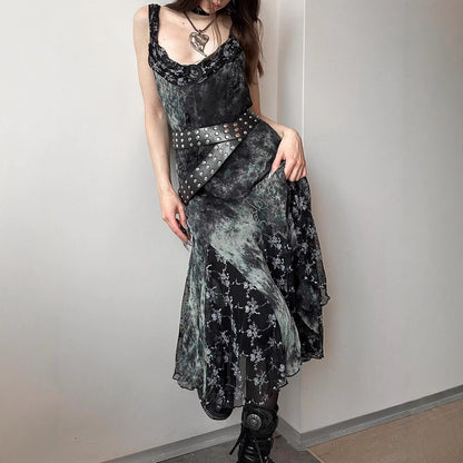 Gothic Vintage Tie-Dye Floral Ruffle Irregular Hem Dress with Sexy Lace Mesh Sleeveless Long Skirt