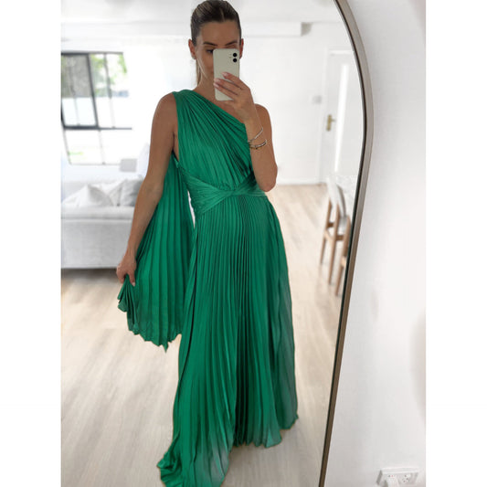 Off-the-Shoulder Pleated Casual Dress Loose Holiday Party Long Women's Dress
