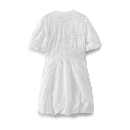 V-neck bubble sleeve waist cinched embroidered dress for women
