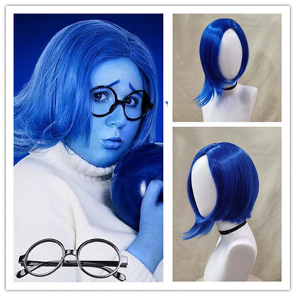Sadness Blue Bob Wig with Black Glasses – Heat-Resistant Anime Cosplay Wig