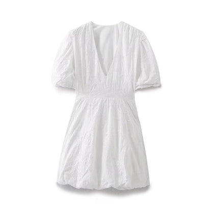 V-neck bubble sleeve waist cinched embroidered dress for women