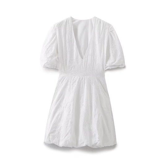 V-neck bubble sleeve waist cinched embroidered dress for women