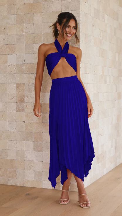 Sexy Multi-Pressure Pleated Skirt Set with Adjustable Belt Spring Summer Fashion Two-Piece Suit for Casual Vacation