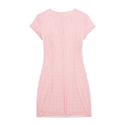Round neck short sleeved pink short sleeved dress with short skirt for women