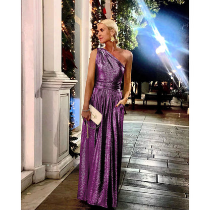 Gold-Stamped Off-the-Shoulder Pocket Flared Dress for Casual and Party Gatherings