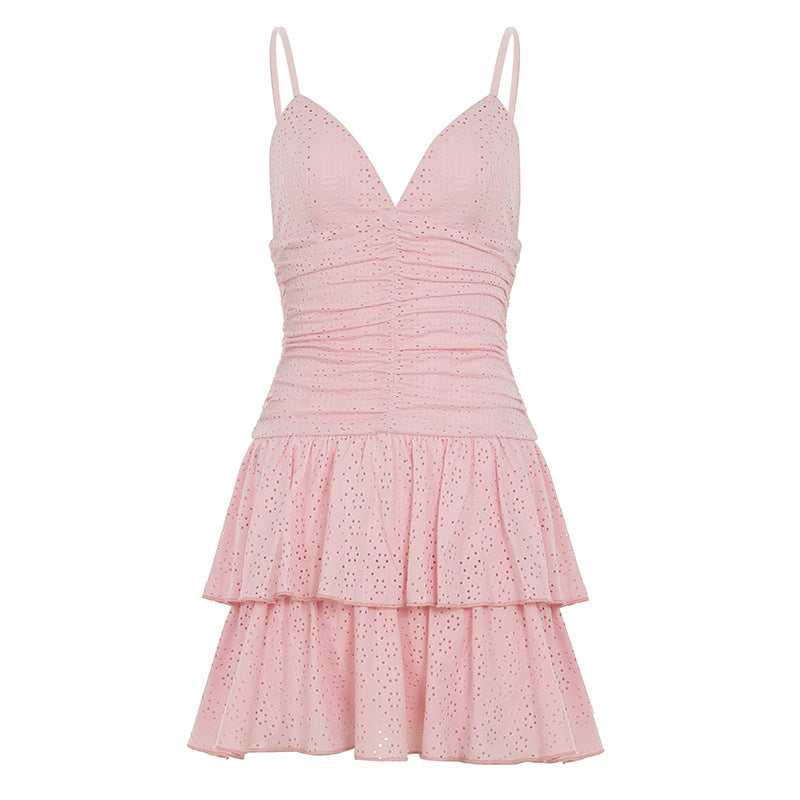 Sweet Pink Deep V-neck Strapless Dress with Ruffled Waist and Pleated Skirt