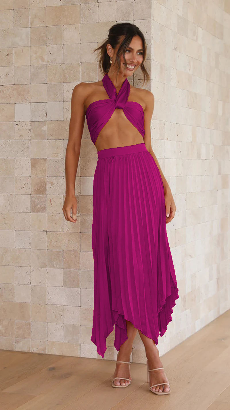 Sexy Multi-Pressure Pleated Skirt Set with Adjustable Belt Spring Summer Fashion Two-Piece Suit for Casual Vacation