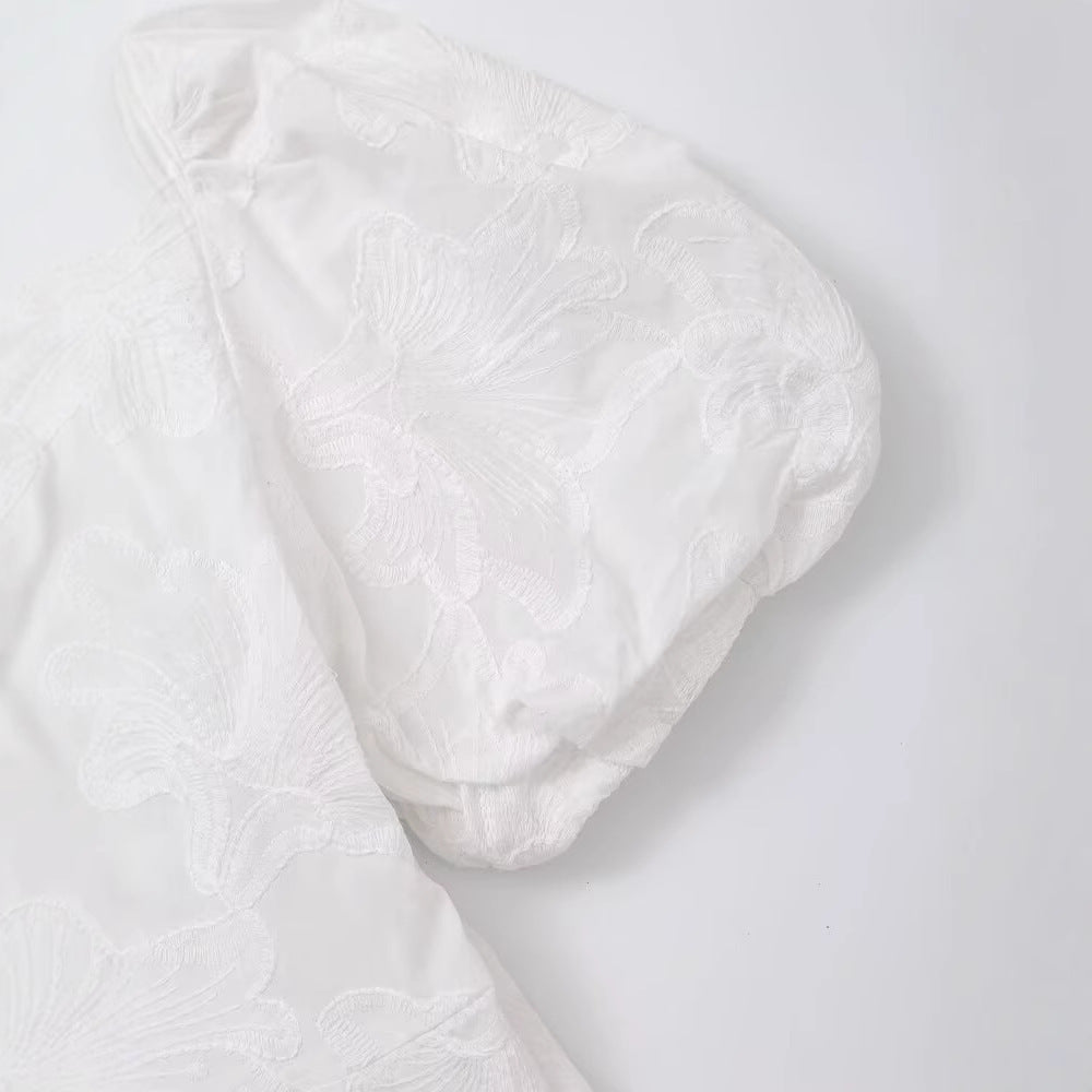 V-neck bubble sleeve waist cinched embroidered dress for women