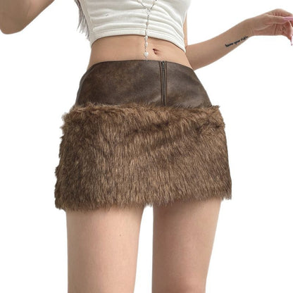 Vintage Brown Low-Waist Navel-Exposed Zipper Fuzzy Short Skirt with Leather Splicing Design Sense Pencil Skirt