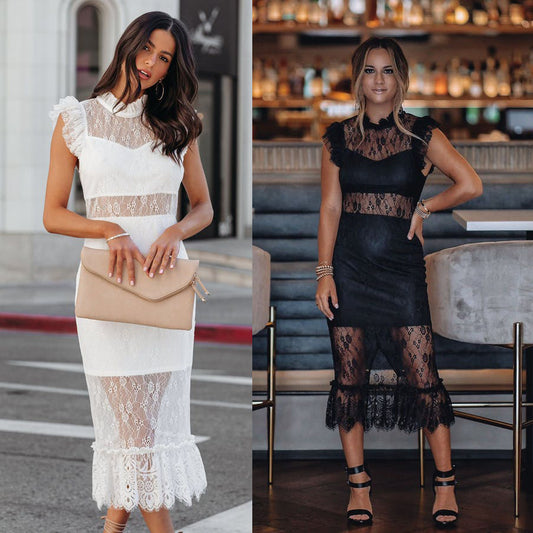 Sexy Transparent Lace Dress with Ruffle Sleeves Style Spring Fashion