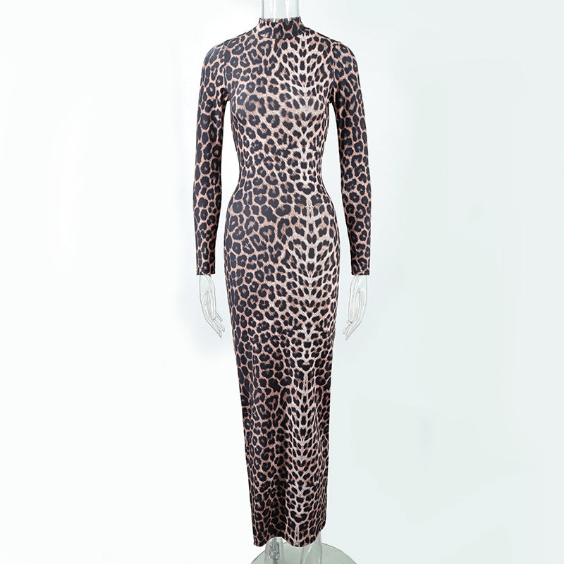 Style Autumn New Fashion Leopard Print Stand Collar Long Sleeve Long Dress Women