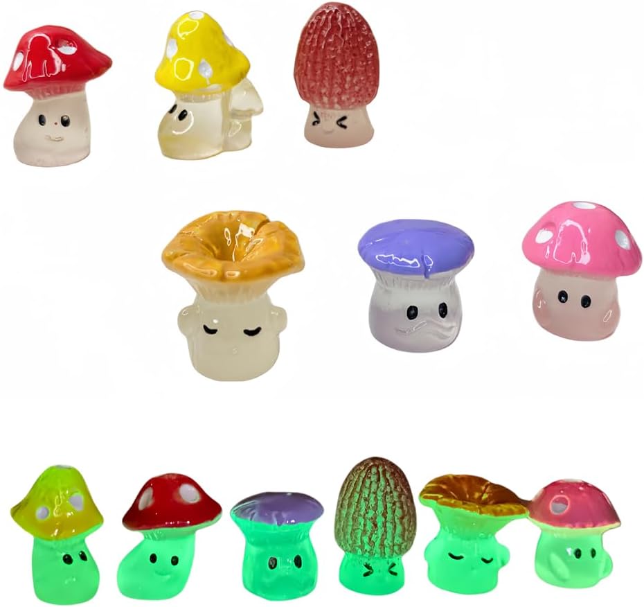 12PCS Glow-in-the-Dark Mini Mushroom Fairy Garden Set – Cute Luminous Resin Garden Decor