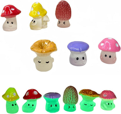 12PCS Glow-in-the-Dark Mini Mushroom Fairy Garden Set – Cute Luminous Resin Garden Decor