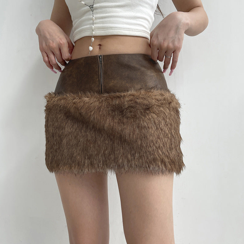 Vintage Brown Low-Waist Navel-Exposed Zipper Fuzzy Short Skirt with Leather Splicing Design Sense Pencil Skirt