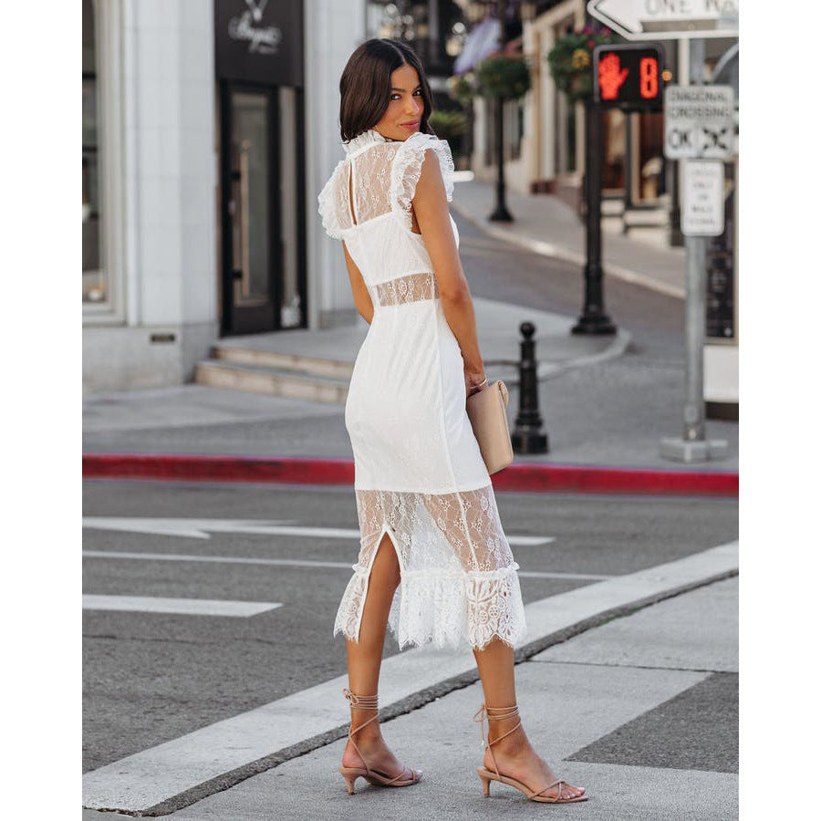 Sexy Transparent Lace Dress with Ruffle Sleeves Style Spring Fashion