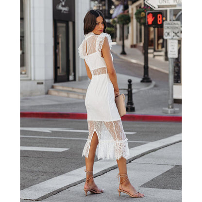Sexy Transparent Lace Dress with Ruffle Sleeves Style Spring Fashion