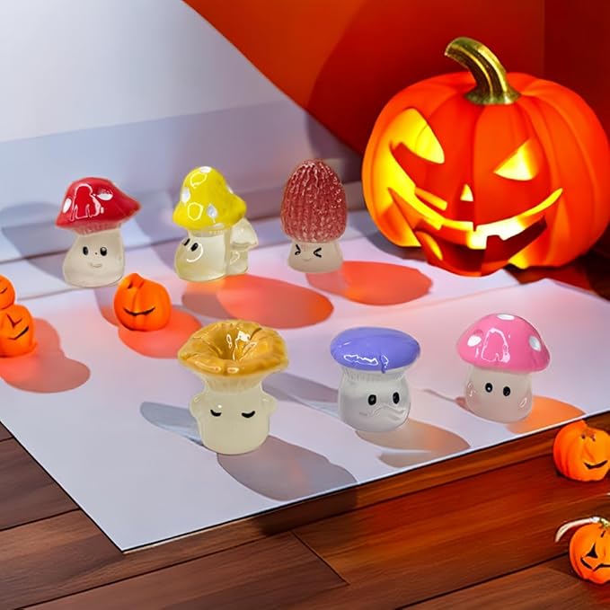 12PCS Glow-in-the-Dark Mini Mushroom Fairy Garden Set – Cute Luminous Resin Garden Decor