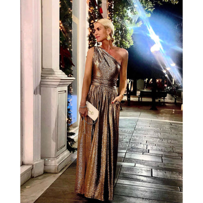 Gold-Stamped Off-the-Shoulder Pocket Flared Dress for Casual and Party Gatherings