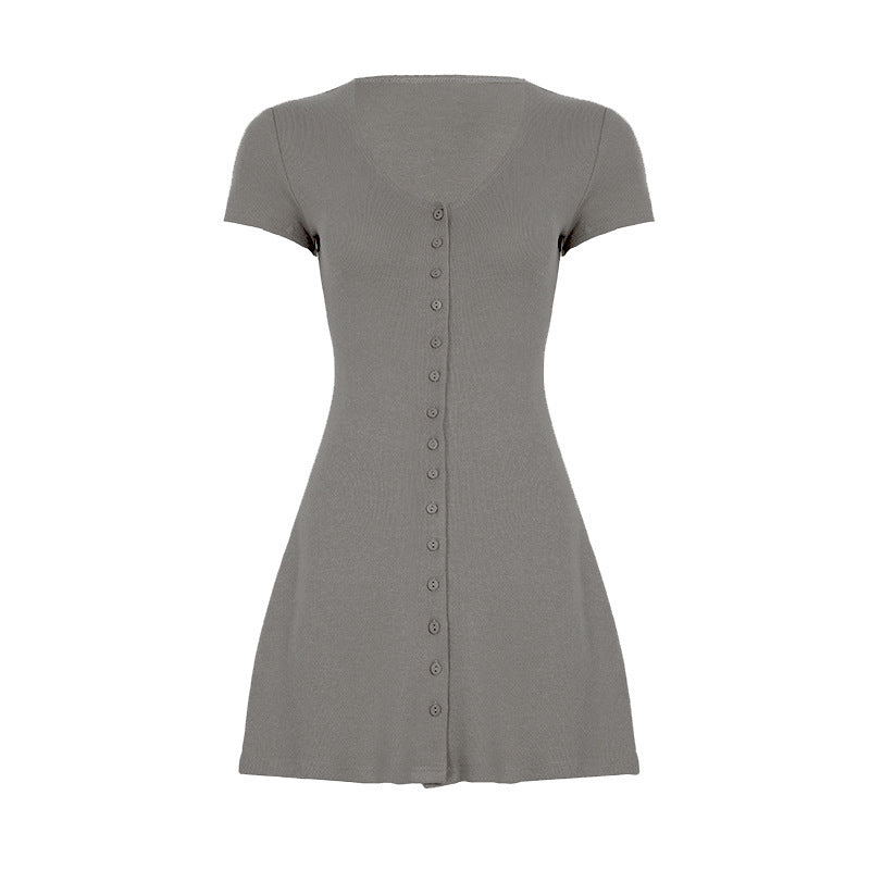 Lover's Memory Style V-neck Knitted Dress with Single Breasted Buttons for Slimming and Elegant Fit